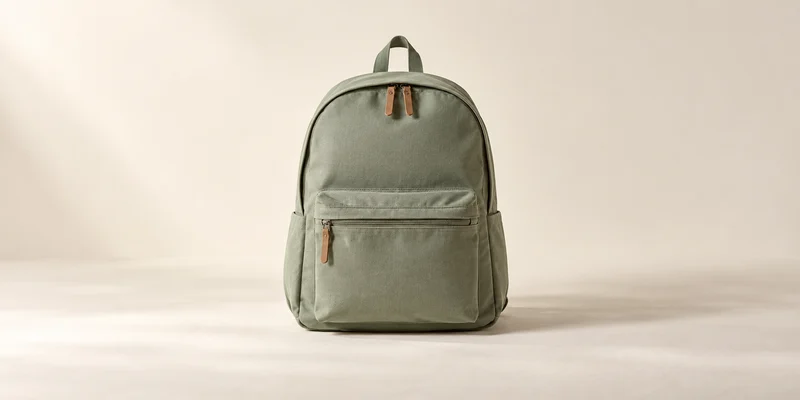Sage green canvas daypack with a front pocket and tan zipper pulls