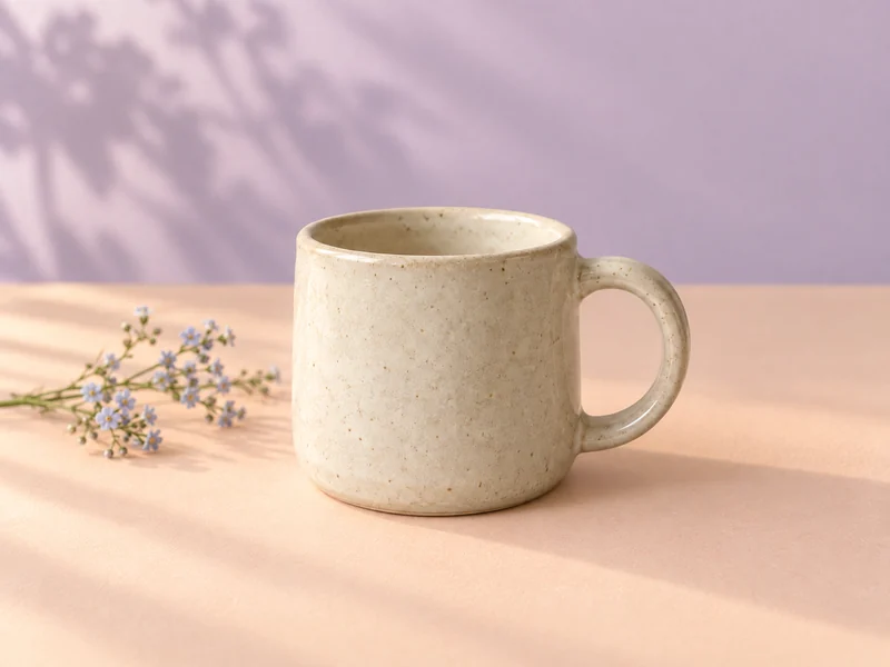 Cream ceramic mug styled against a pastel background, an example AI edit